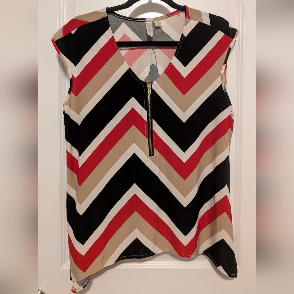 Tacera Chevron V-Neck Blouse in Black, Red, and Tan